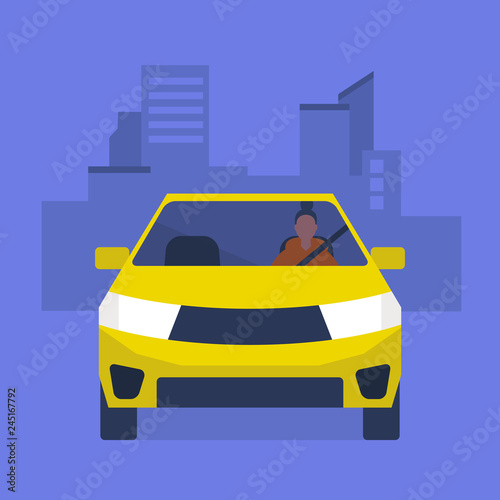 Young female character driving a yellow car. Urban lifestyle. Taxi service. Flat editable vector illustration, clip art