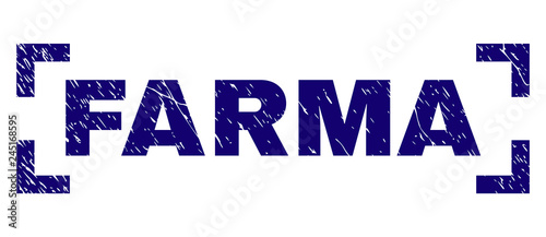 FARMA text seal print with corroded effect. Text tag is placed inside corners. Blue vector rubber print of FARMA with grunge texture.