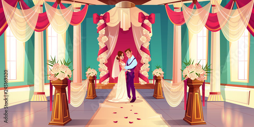 Happy bride and groom hugging, looking in each other eyes while standing together under wedding arch in decorated flowers ballroom in castle cartoon vector illustration. Newlyweds on wedding ceremony
