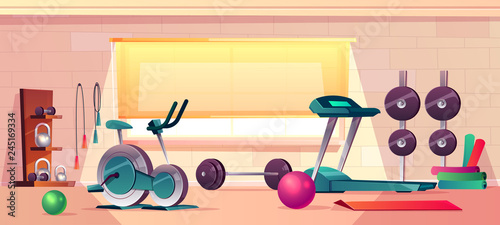 Vector cartoon background of gym with big window. Spacious place with barbells, treadmill and rubber balls. Sport interior with dumbbells and training bike. Athletic, healthy concept.