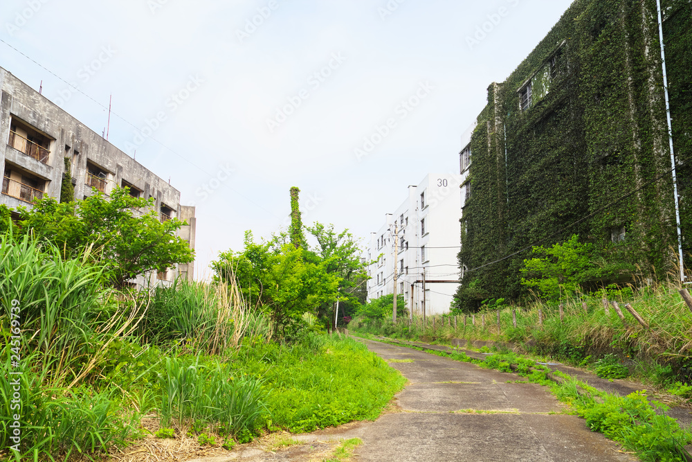 Ruined apartment buildings in Ikeshima, Nagasaki, Japan