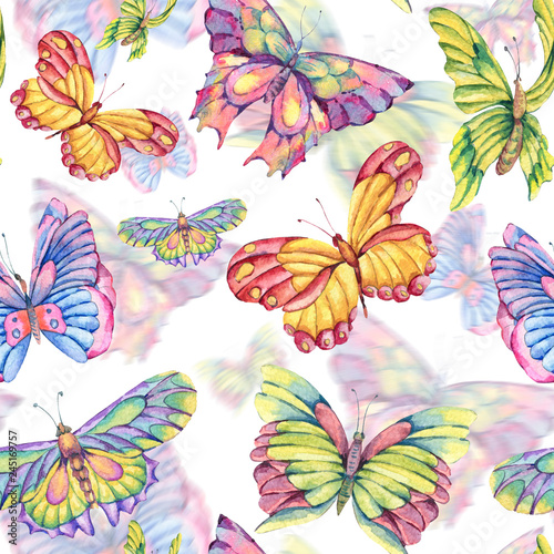 Watercolor seamless pattern of vintage colorful butterflies © Belus