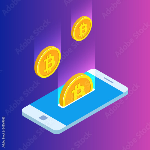 Smartphone with gold rain of bitcoins. Monetary business with bitcoin currency. 3D vector design. Modern illustration isometric style.