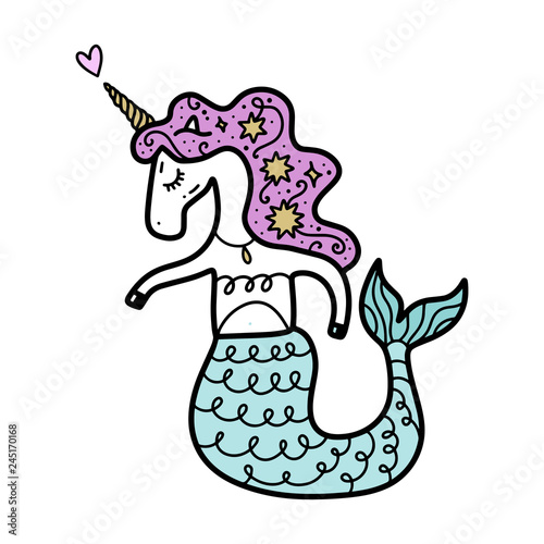 Funny patterned mermaid unicorn in love, vector illustration.