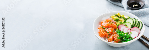 Photography Fresh hawaiian salmon poke bowl for healthy lunch