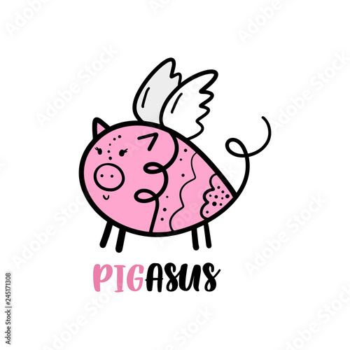 Vector funny pig pegasus art. Magical unipig.