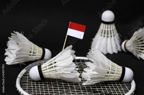 Mini Indonesia flag stick on the shuttlecock put on the net of badminton racket and other shuttlecocks around it. photo