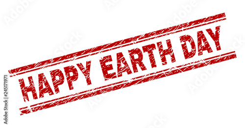 HAPPY EARTH DAY seal stamp with grunge texture. Red vector rubber print of HAPPY EARTH DAY text with unclean texture. Text title is placed between double parallel lines.