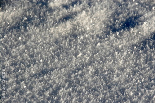 Weiße Eis-Kristalle glitzern als Nahaufnahme im Winter in der Sonne, der Frost war da
