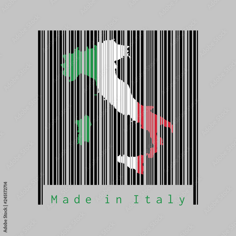 Barcode set the shape to Italy map outline and the color of Italy flag on black barcode with grey background. Barcode set the shape to Italy map outline and the color of Italy flag on black barcode with grey background.