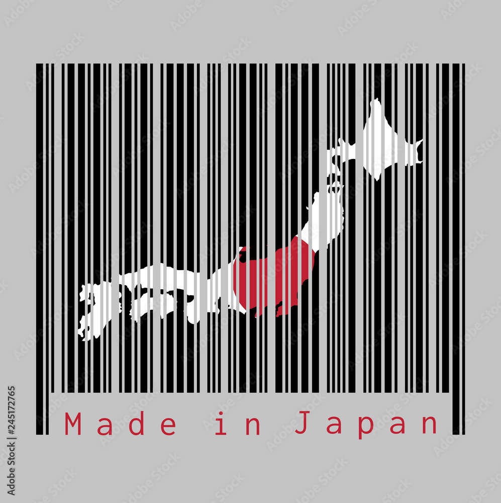 Barcode set the shape to Japan map outline and the color of Japan flag on black barcode with grey background Barcode set the shape to Japan map outline and the color of Japan flag on black barcode with grey background