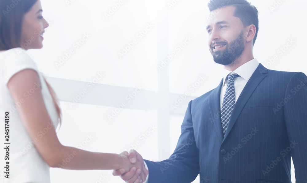 Image of business partners handshaking in office Image of business partners handshaking in office