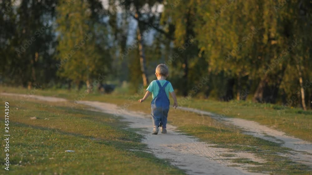 Single baby child walking away on dusty countryside road, playful kid Single baby child walking away on dusty countryside road, playful kid
