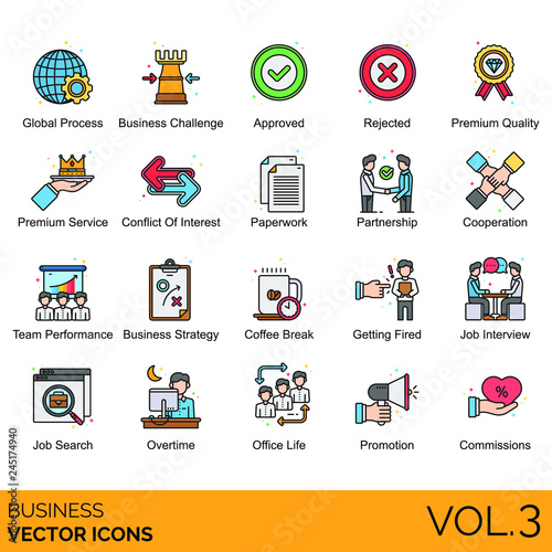 Business icons including global process, challenge, approved, rejected, premium quality, service, conflict of interest, paperwork, partnership, cooperation, team performance, strategy, coffee break.