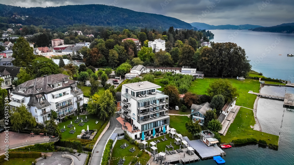 Aerial view of Velden Am Worthersee small town on beautiful lake Worthersee in Austria
