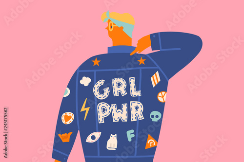 International women day card with women or girl in jeans jacket
