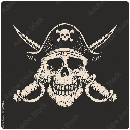 Hand drawn illustration of pirate skull. Isolated on dark background.