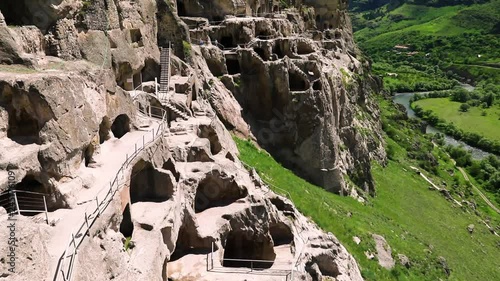 Timelapse view of the highland valley with clouds from the height of the Mount. Vardzia monastery complex. Georgia.