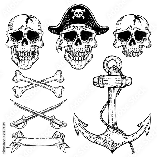 Hand drawn illustrations of pirate skulls, bones, swords and anchor. Isolated on white background.