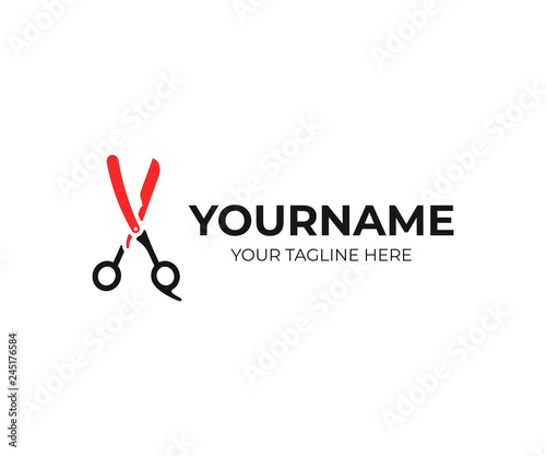 Barbershop logo design. Barber blade and scissors vector design. Hairdressing salon logotype