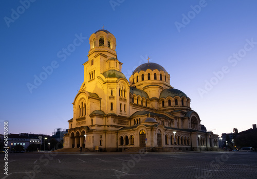 Side view of Alexander Nevsky Orthodox Cathedral of Sofia, Bulgaria under a blue hour clear sky