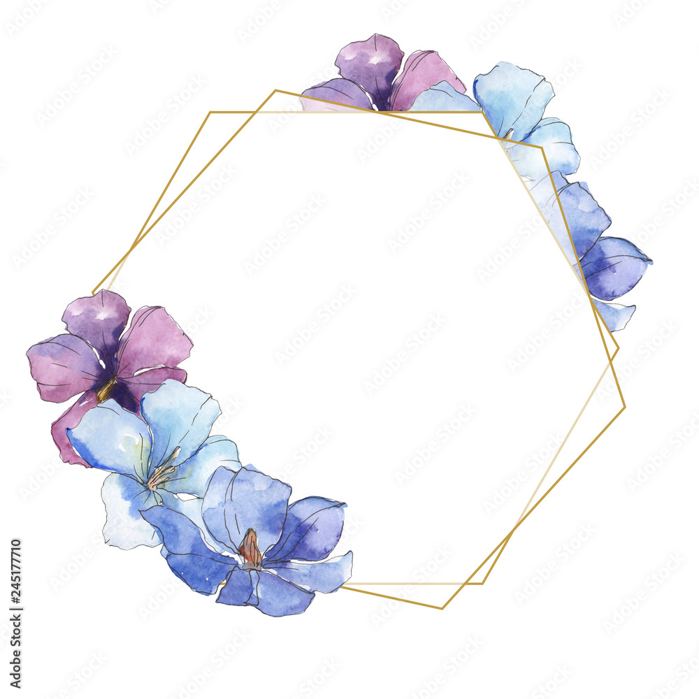 Blue purple flax floral botanical flower. Watercolor background