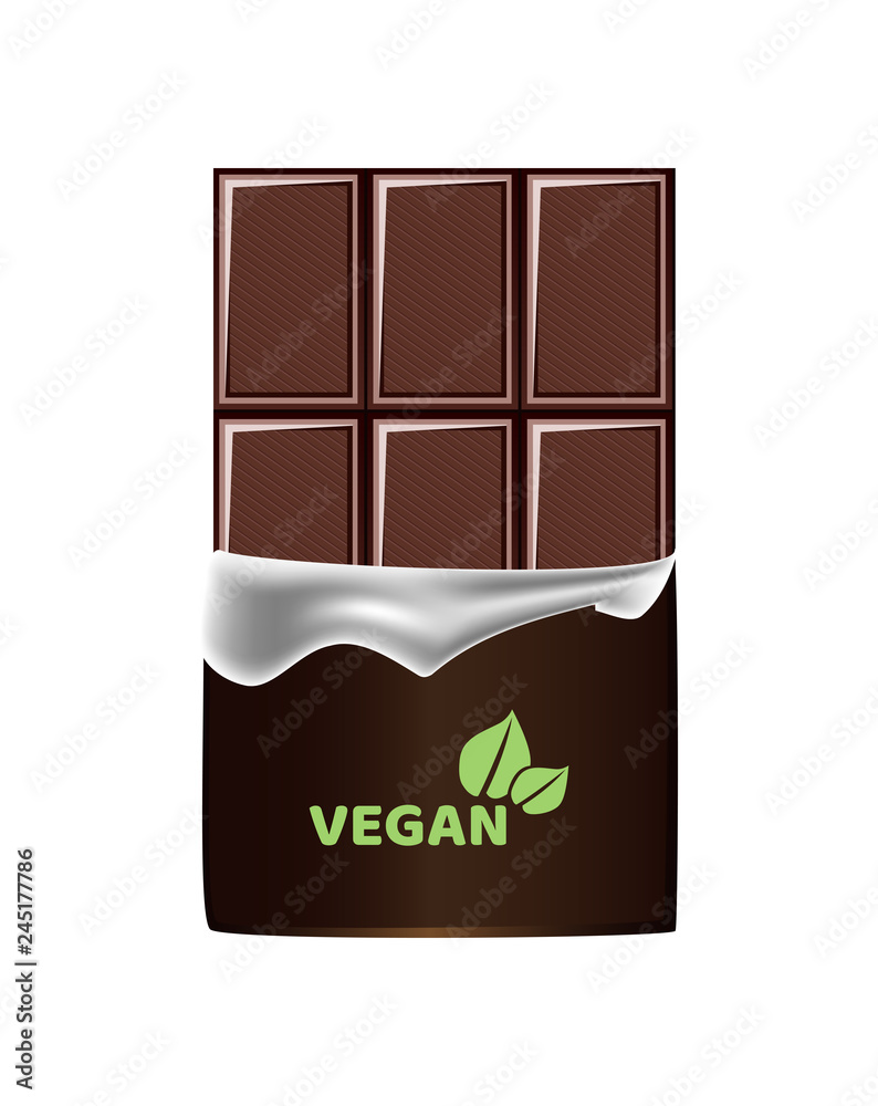 Vector realistic illustration of unpacked cocoa bitten vegan dark chocolate bar isolated on a white background. Vegan logo on the chocolate wrapper. Vector realistic illustration of unpacked cocoa bitten vegan dark chocolate bar isolated on a white background. Vegan logo on the chocolate wrapper.