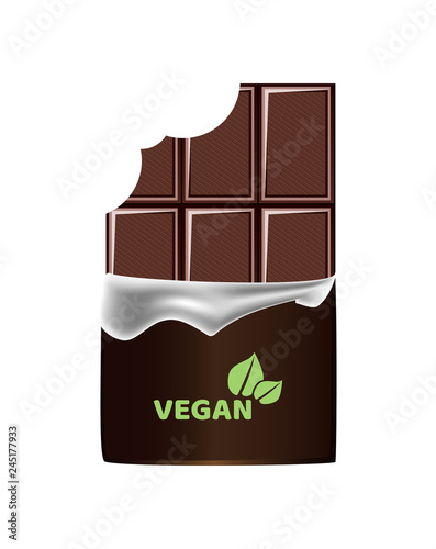 Vector realistic illustration of unpacked cocoa bitten vegan dark chocolate bar isolated on a white background. Vegan logo on the chocolate wrapper.