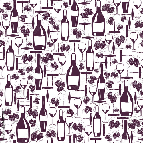 Wine seamless pattern. Wine bottles, wine glasses, grape leaves and corkscrew, hand-drawn on white background. Vector model for decor of restaurant, cafe, wine card, packaging paper, etc.  