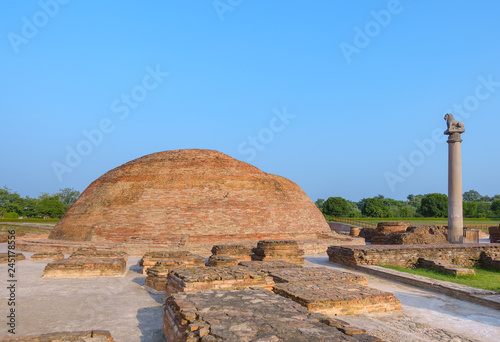 Ananda Stupa and Asokan pillar at Kutagarasala Vihara, Vaishali, Bihar, India photo