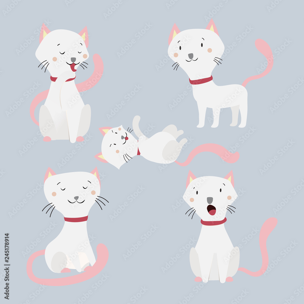 Collection of cute cat with five action on grey background, Vector illustration.