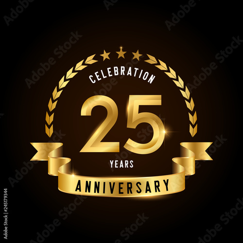 25 years anniversary celebration logotype. Golden anniversary emblem with ribbon. Design for booklet, leaflet, magazine, brochure, poster, web, invitation or greeting card.