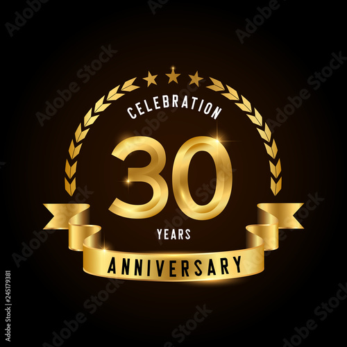 30 years anniversary celebration logotype. Golden anniversary emblem with ribbon. Design for booklet, leaflet, magazine, brochure, poster, web, invitation or greeting card.