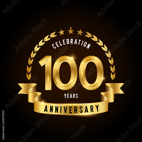 100 years anniversary celebration logotype. Golden anniversary emblem with ribbon. Design for booklet, leaflet, magazine, brochure, poster, web, invitation or greeting card.