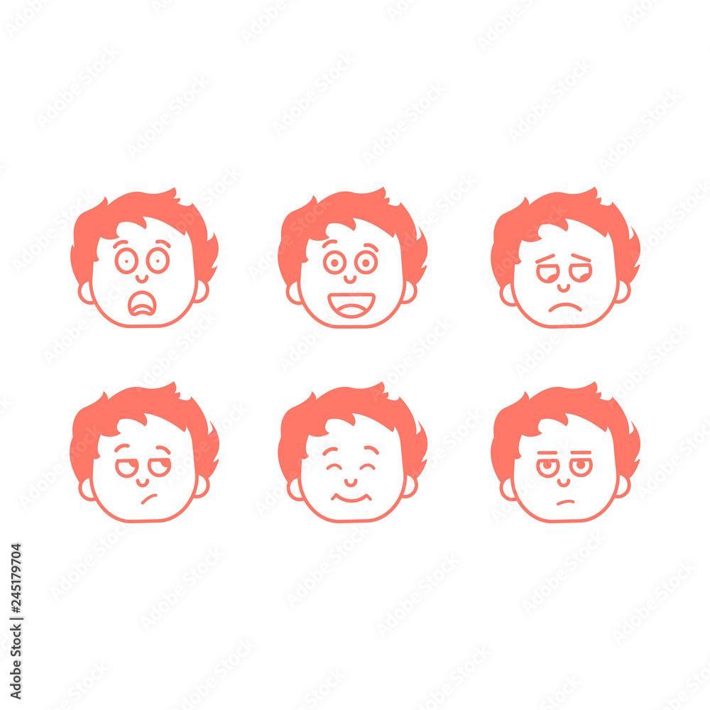 Set of illustrations with an emotional redhead child. Surprised, happy, sad, thought of something, dissatisfied. Set of illustrations with an emotional redhead child. Surprised, happy, sad, thought of something, dissatisfied.