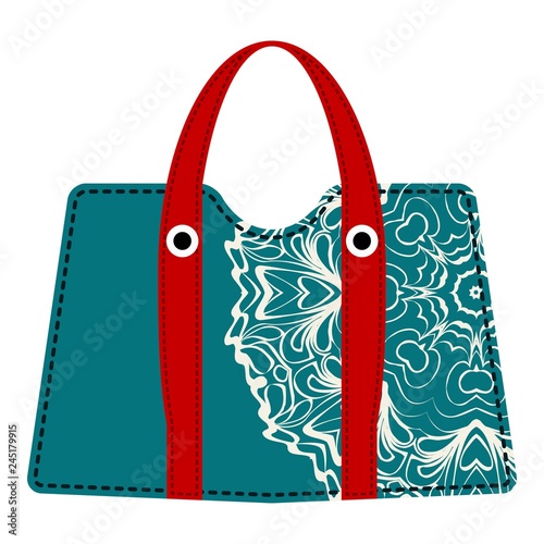 Woman bag with mandala ornament. Ladies handbags on summer backgroound. Fashion accessories. Vector illustration.