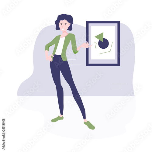 Stylish modern vector illustration. Girl guide in the museum stands at the picture and tells a story.
