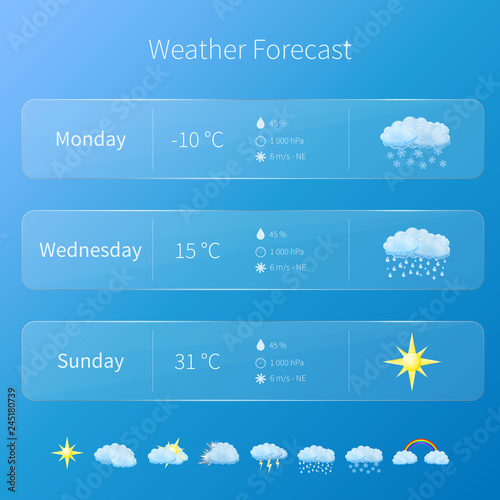 Transparent user interface - weather forecast template with set of glossy and detailed icons.