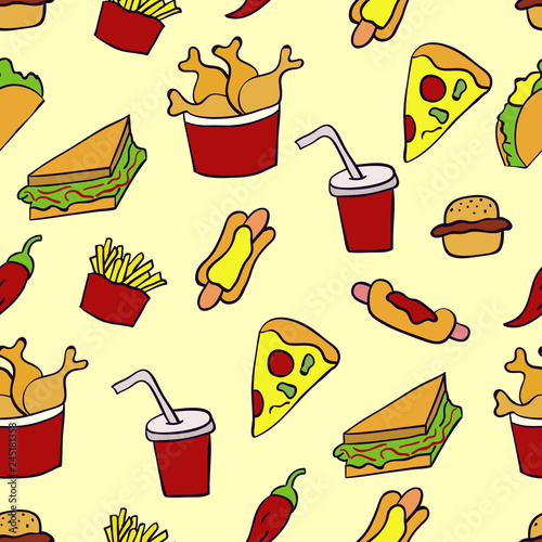 Doodle illustration of fast food. Seamless pattern with junk food. Hand drawn vector illustration made in cartoon style. Hamburger, hot-dog, french fries, sandwich