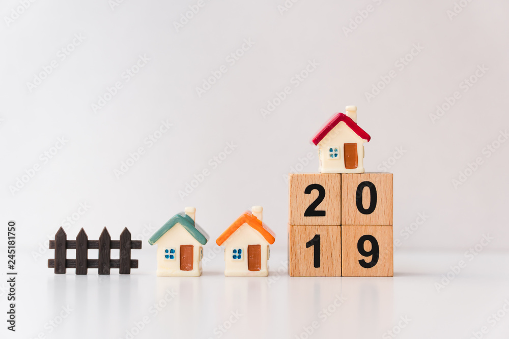 Miniature colorful house with wooden block year 2019 using as property development concept Miniature colorful house with wooden block year 2019 using as property development concept