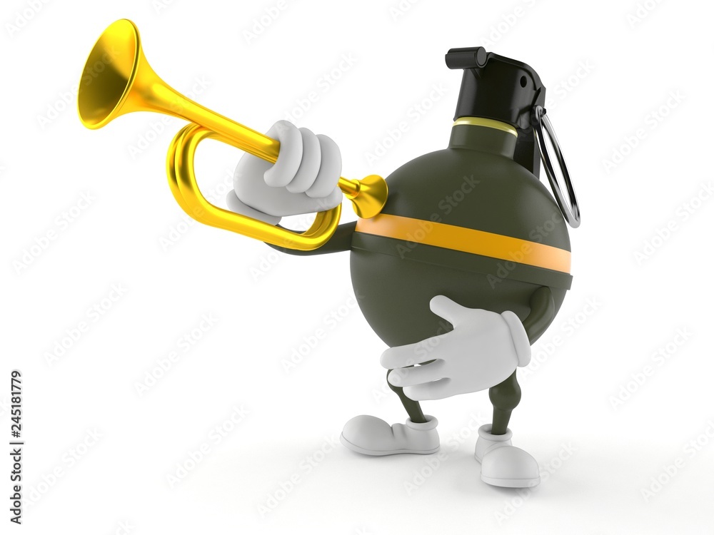 Naklejka premium Hand grenade character playing the trumpet