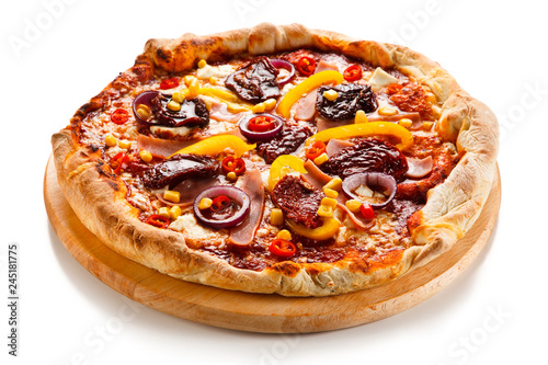 Pizza with ham, corn, mushrooms and dried tomatoes on white background