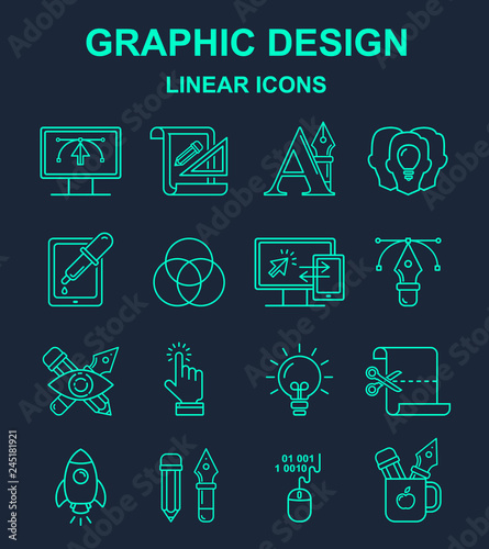 Vector graphic design pattern with linear icons. Line style designer background with place for text.  Graphic design education and learning.