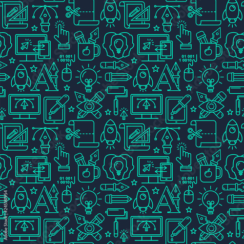 Vector graphic design seamless pattern with linear icons. Line style designer background with place for text. Graphic design education and learning.