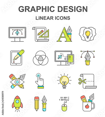 Vector graphic design pattern with linear icons. Line style designer background with place for text.  Graphic design education and learning.