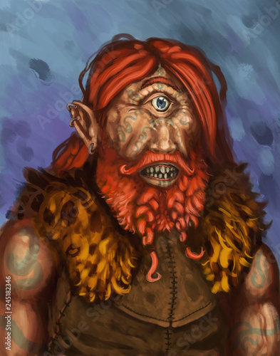 Tableau sur toile Primitive tribal red haired cyclops character portrait - digital fantasy paintin