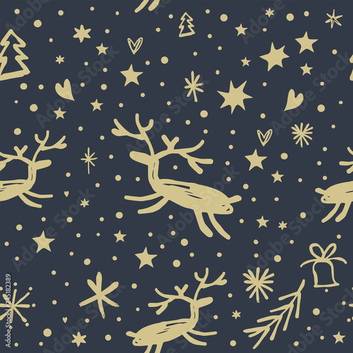 Vector festive pattern  ornament  wallpaper  wrapping paper  funny deers on dark background.