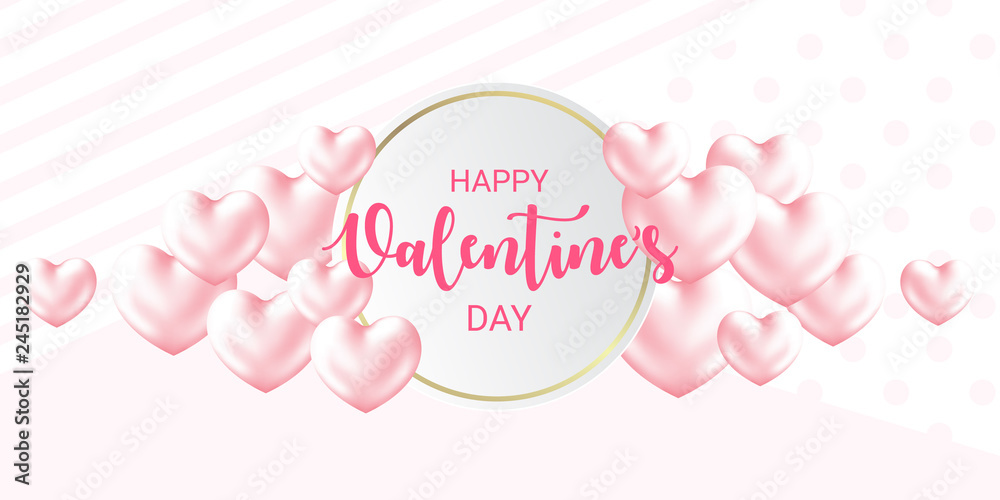 Cute Happy Valentine's Day calligraphy card with Hearts. Modern patterned background. Horizontal holidays poster, add, header, website.