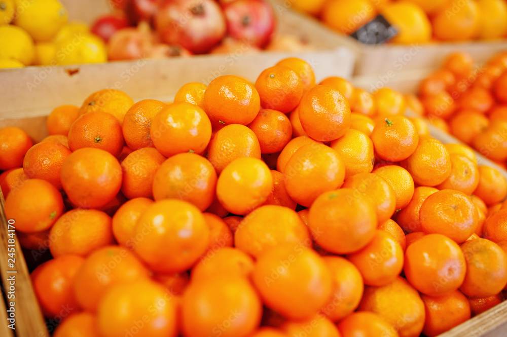 Colorful shiny fresh fruits. Mandarines, tangerine, clementine on the shelf of a supermarket or grocery store. Colorful shiny fresh fruits. Mandarines, tangerine, clementine on the shelf of a supermarket or grocery store.