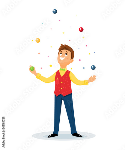 Cartoon juggler performs a circus trick.Juggler with balls.Circus performer.Vector illustration. Cartoon flat style.